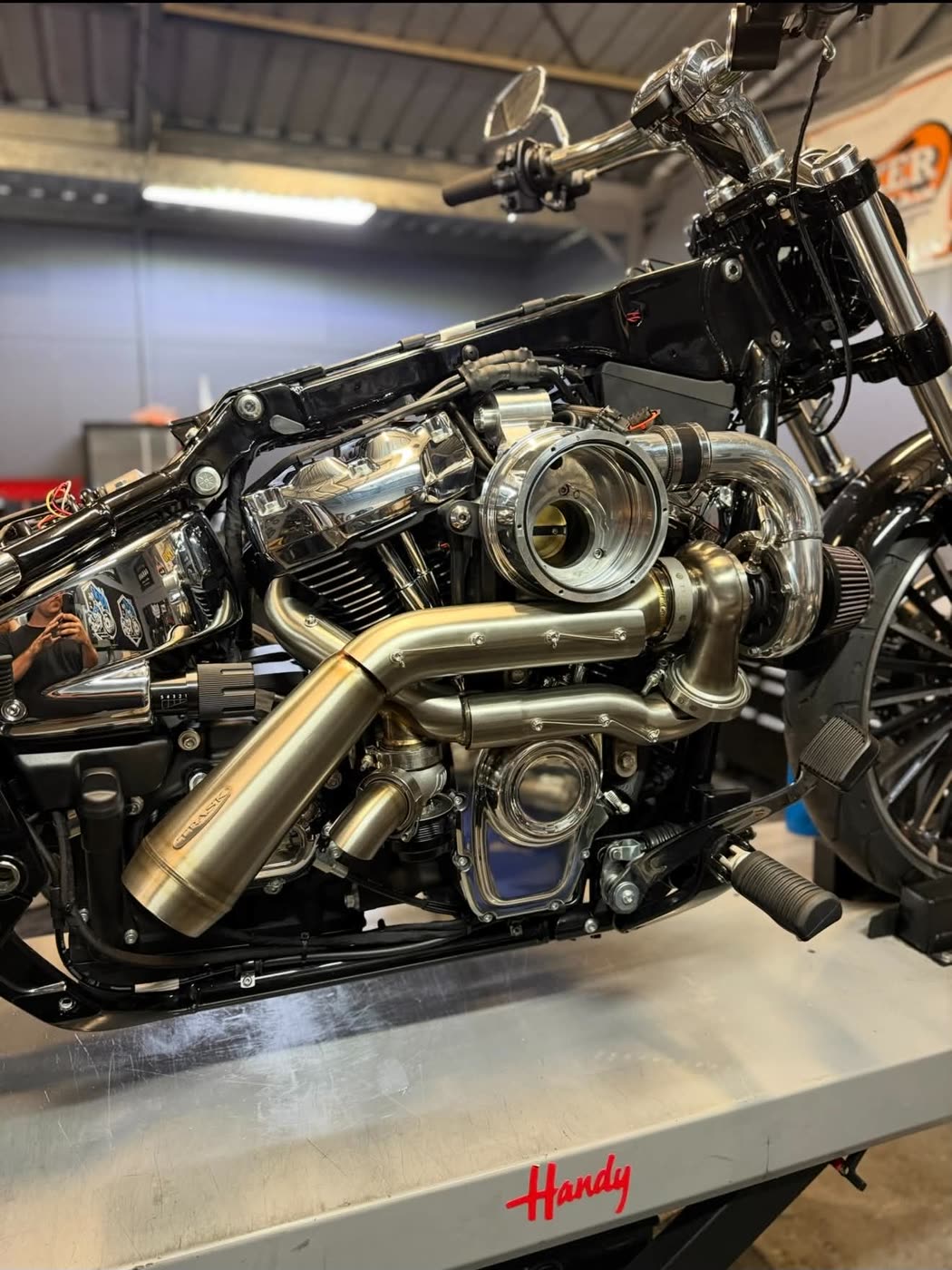 Harley with custom engine work on the hoist