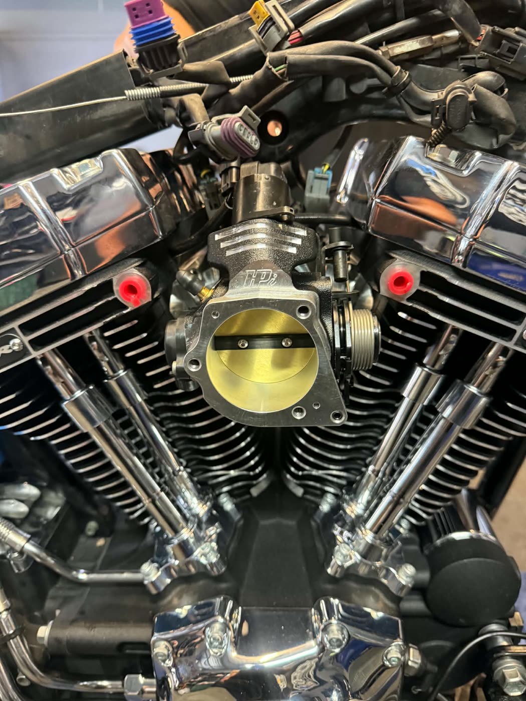 Close-up of a Harley V-twin engine